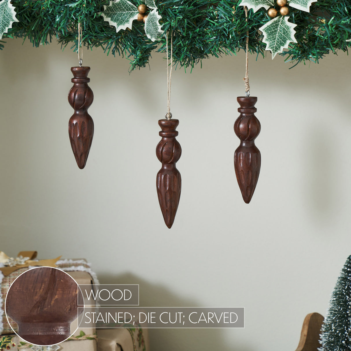 Festive Finial Dark Wooden Ornament Set of 3 - 5.5 inch