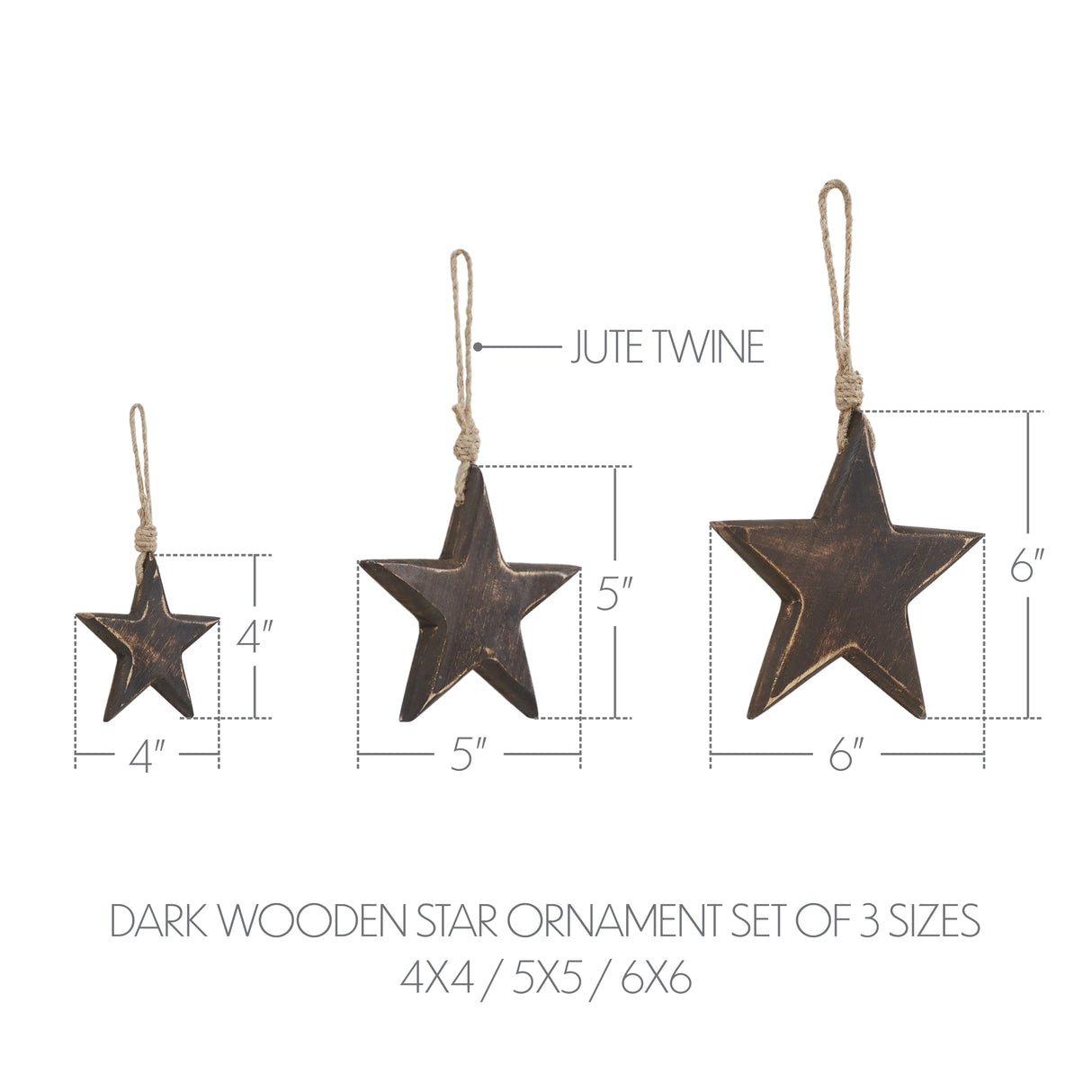 Wooden Star Ornament Set of 3 - 4/5/6 inch