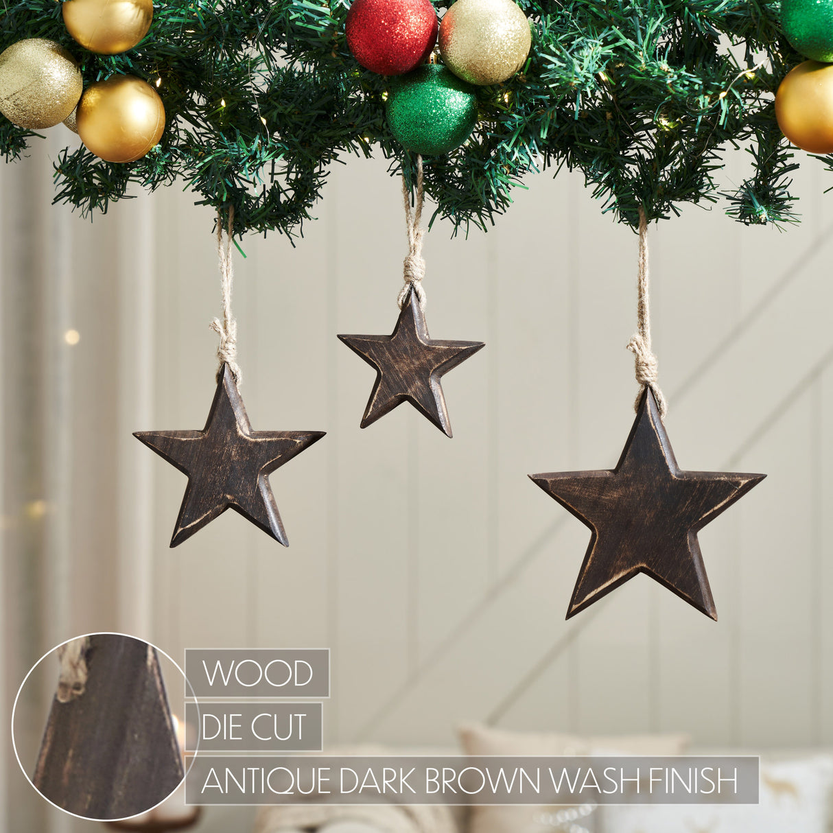 Wooden Star Ornament Set of 3 - 4/5/6 inch