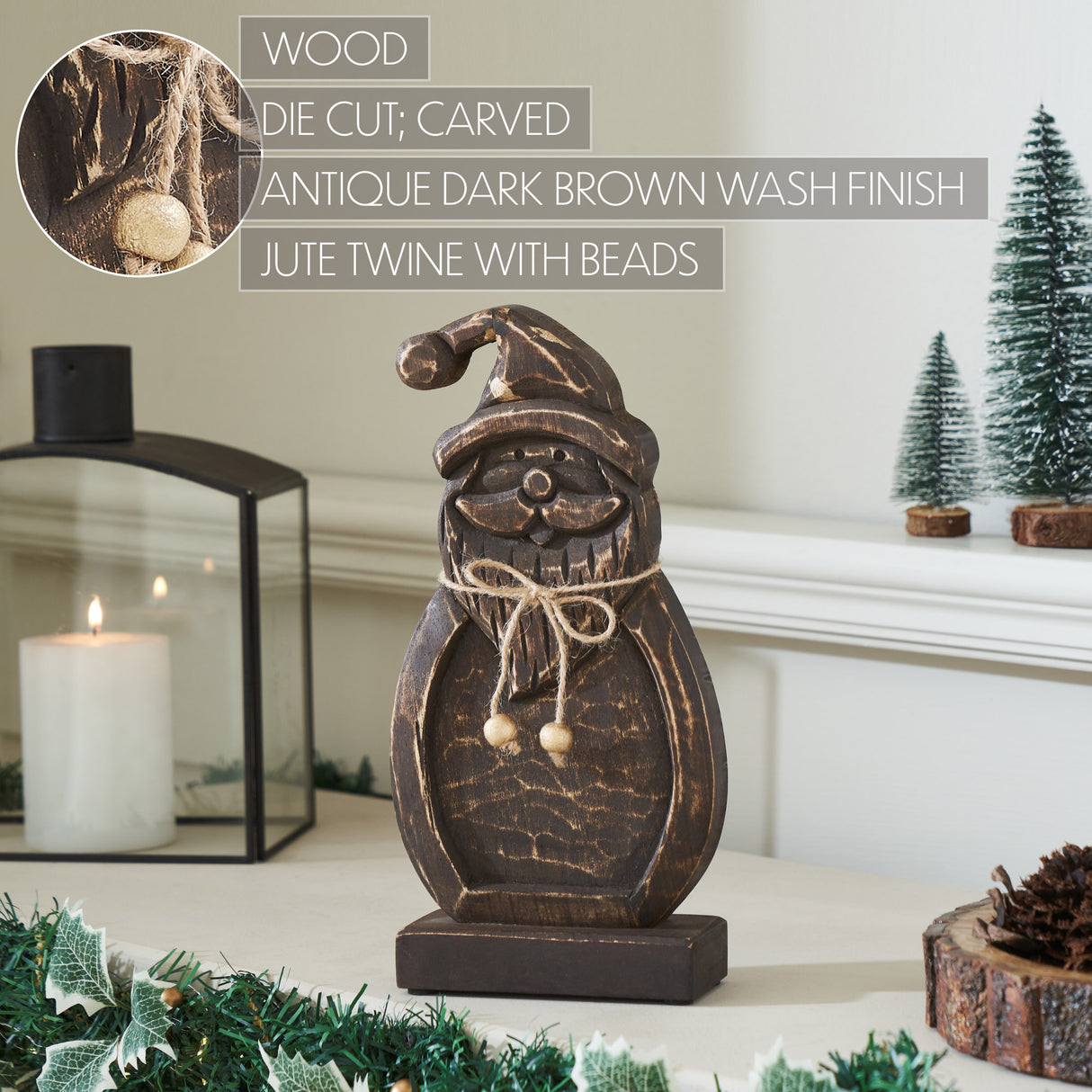 Rustic Cheer Dark Wooden Santa 11x5.5x2