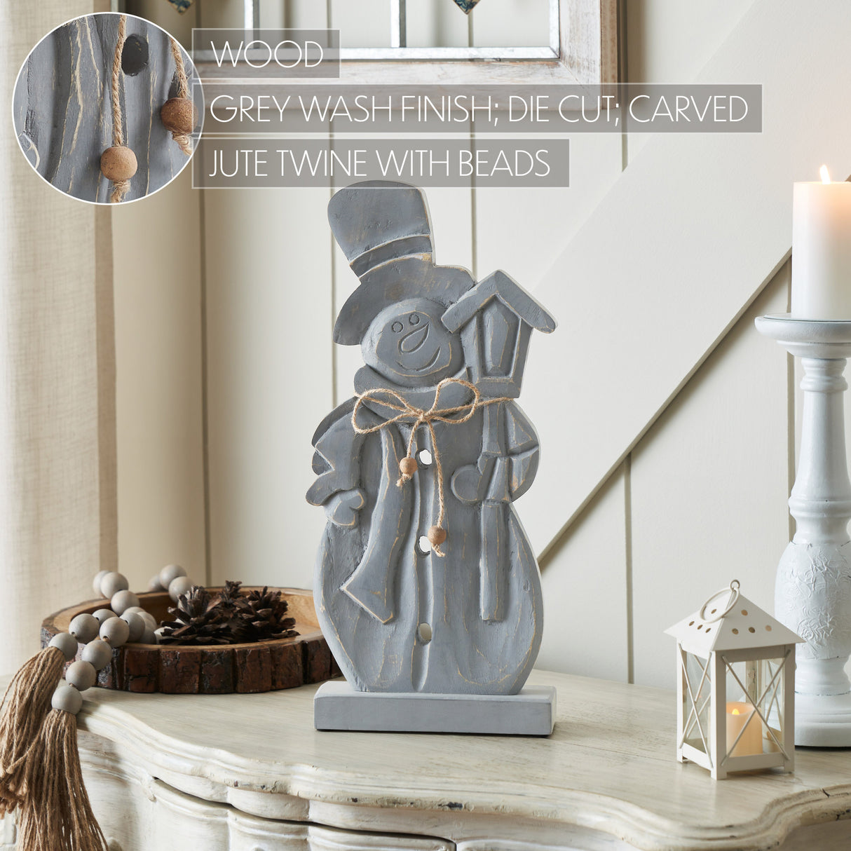 Festive Frosty Distressed Grey Wooden Snowman 16x7.5x2