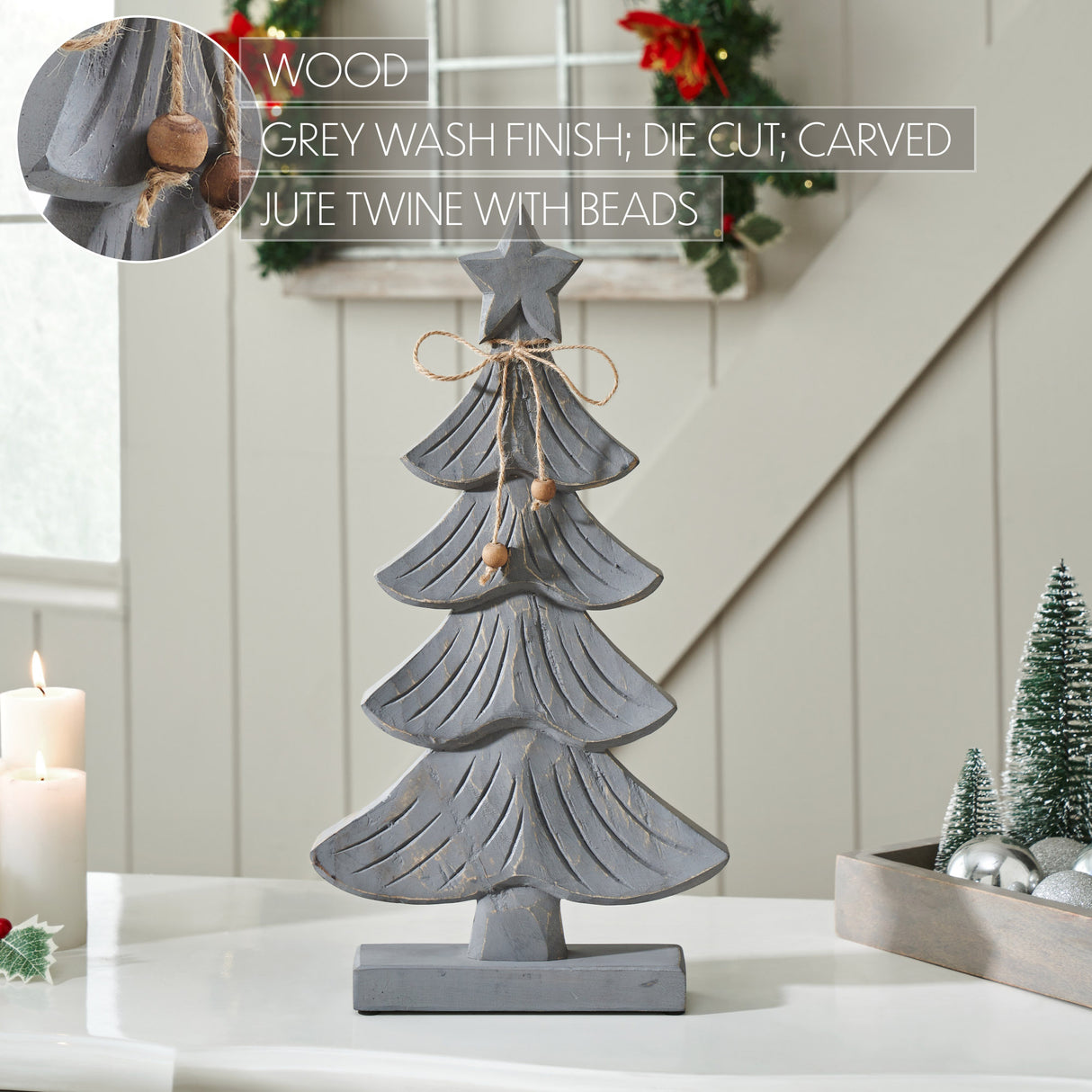 VHC Brands 3PC Starry Pine Distressed Grey Wooden Tree ,Small Meduim and Large
