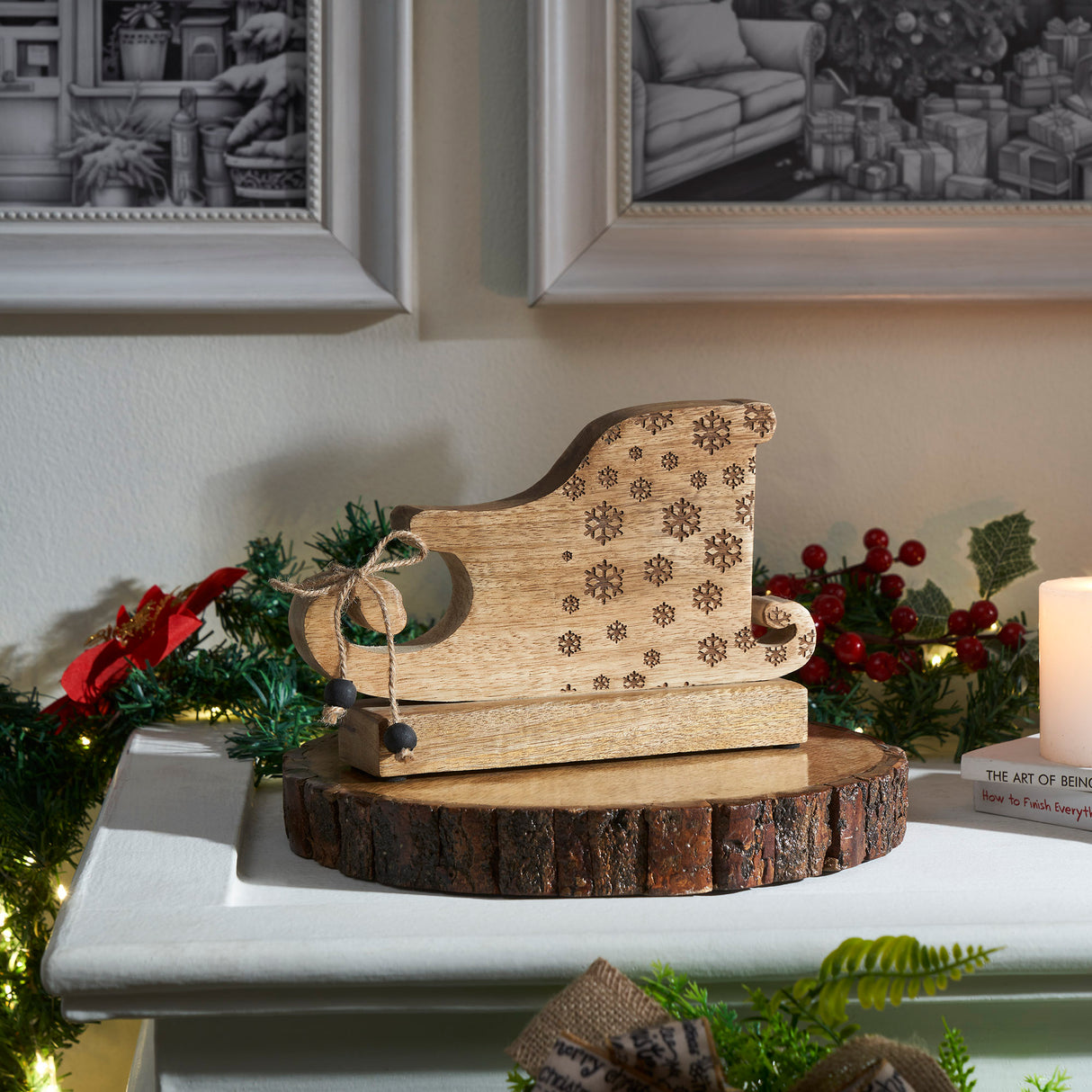 Natural Wooden Snowflake Sleigh 6x9.5x2