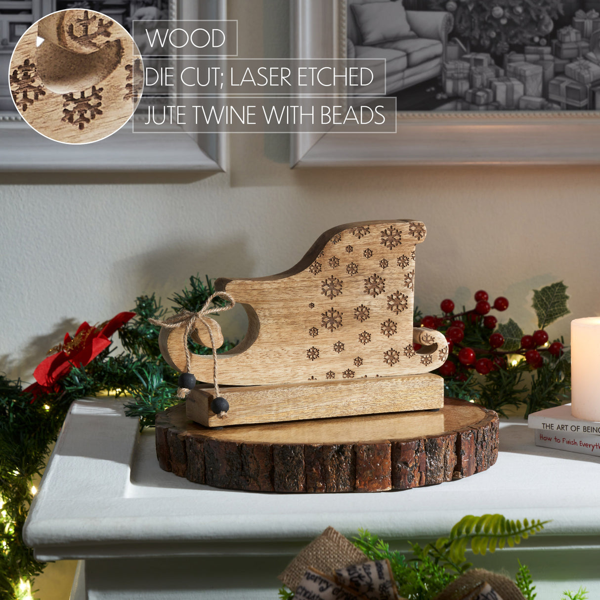 Natural Wooden Snowflake Sleigh 6x9.5x2