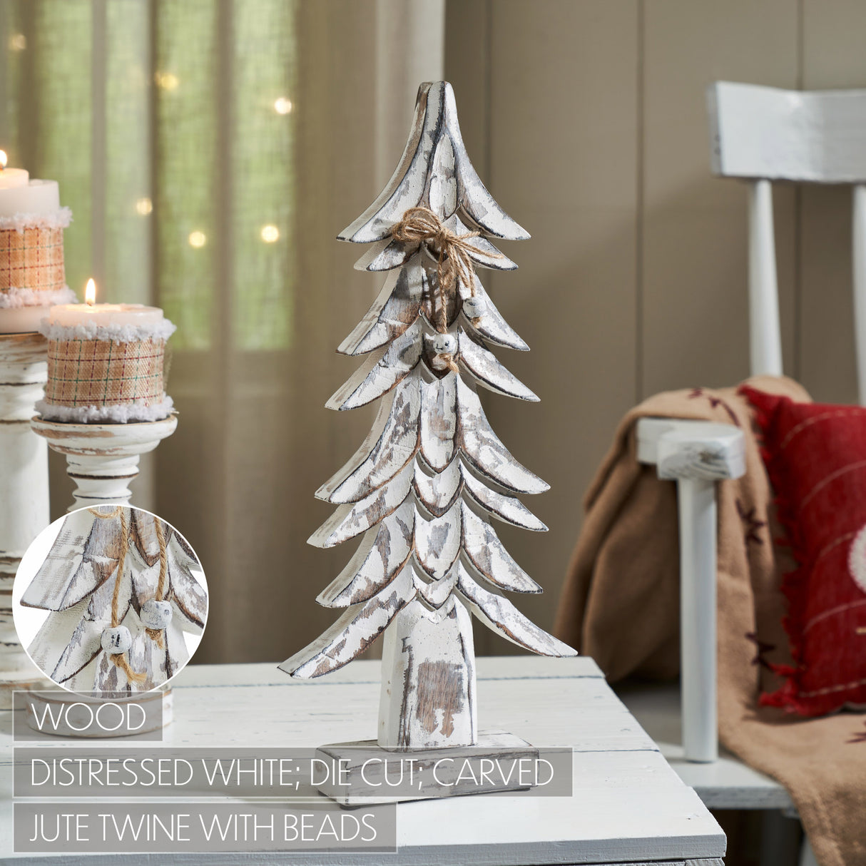 VHC Brands 2PC Timber Tidings Distressed White Wooden Tree ,Small and Large