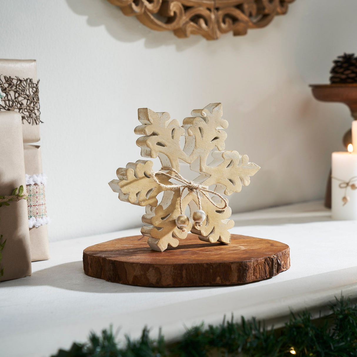 Yuletide Glow Brushed Gold Wooden Snowflake