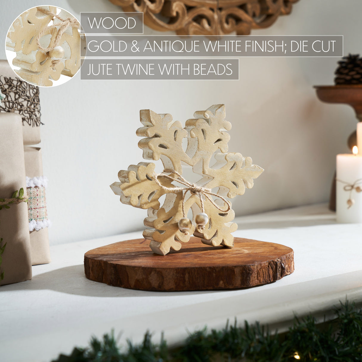 Yuletide Glow Brushed Gold Wooden Snowflake