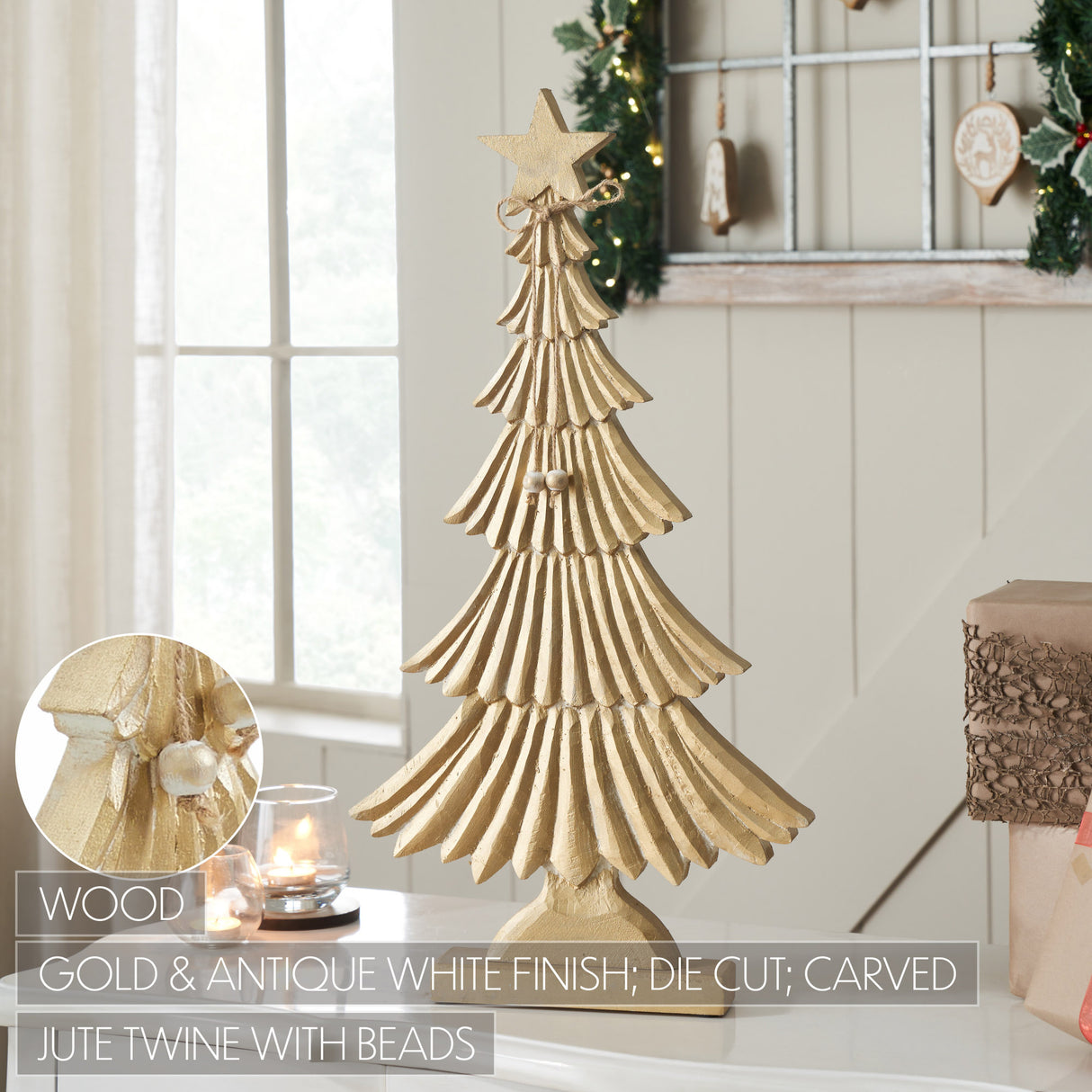 VHC Brands 3PC Yuletide Glow Brushed Gold Wooden Tree ,Small Meduim and Large