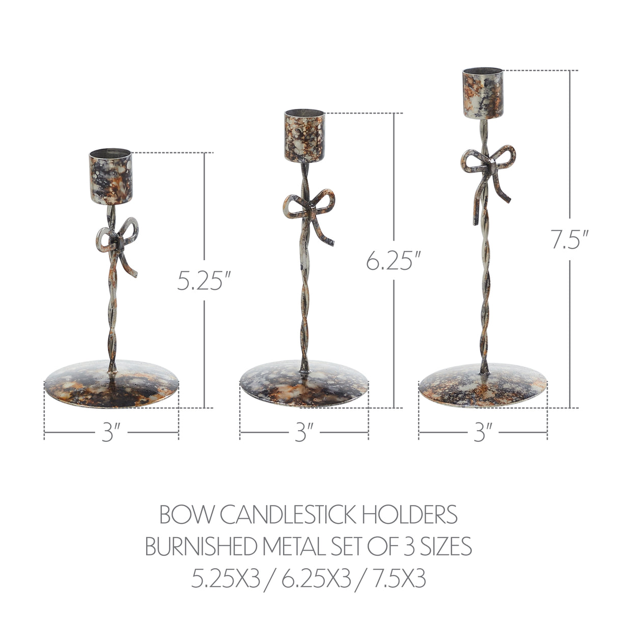 Bow Candlestick Holders Burnished Metal Set of 3 - 5.25/6.25/7.5 inch