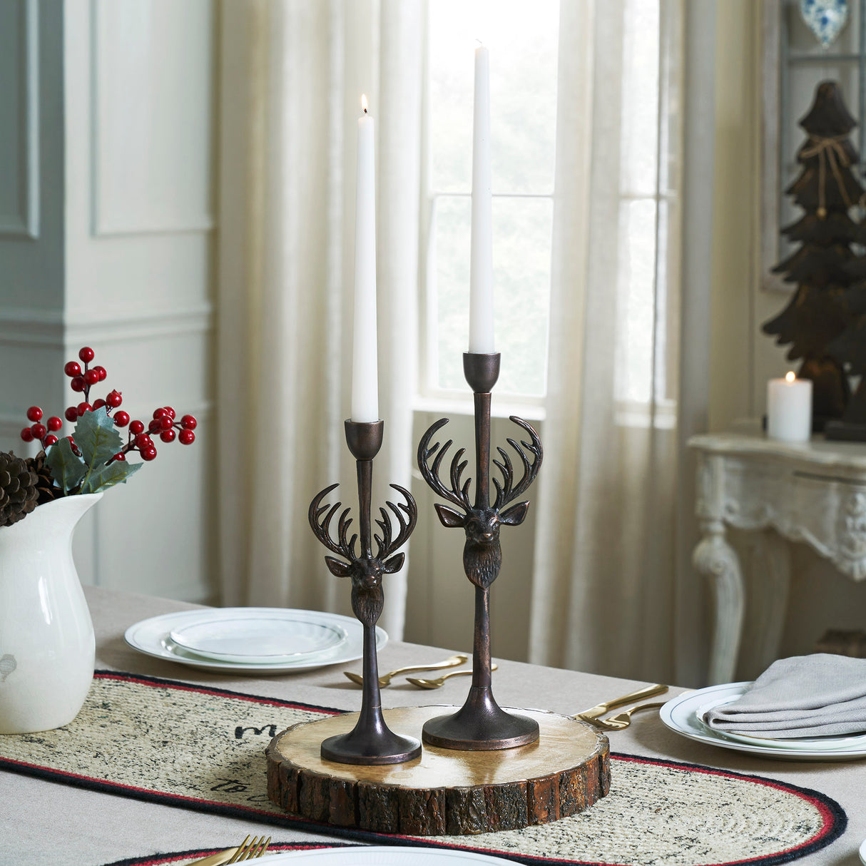 Rustic Stag Metal Candlestick Holders Set of 2 - 10.5/12.5 inch