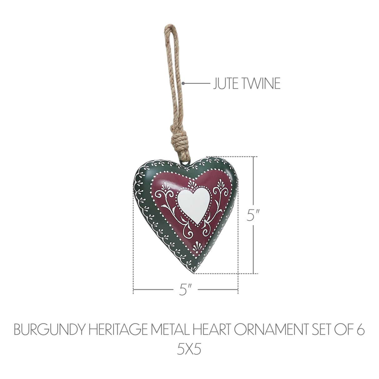 Burgundy Heritage Metal Heart Ornament Set of 6 - 5 inch