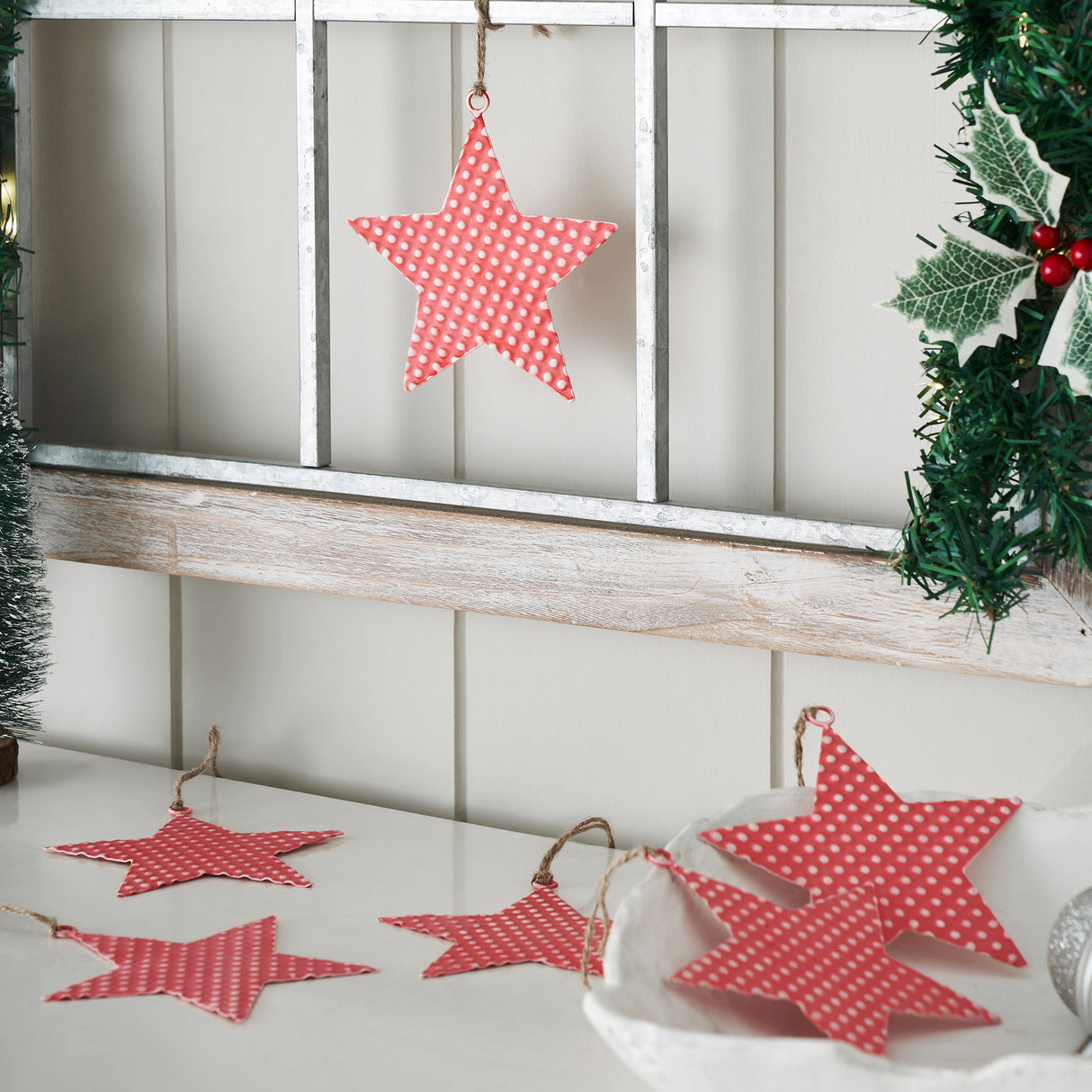 Dotted Metal Star Ornaments Red Set of 6 5.25x4.8x0.2