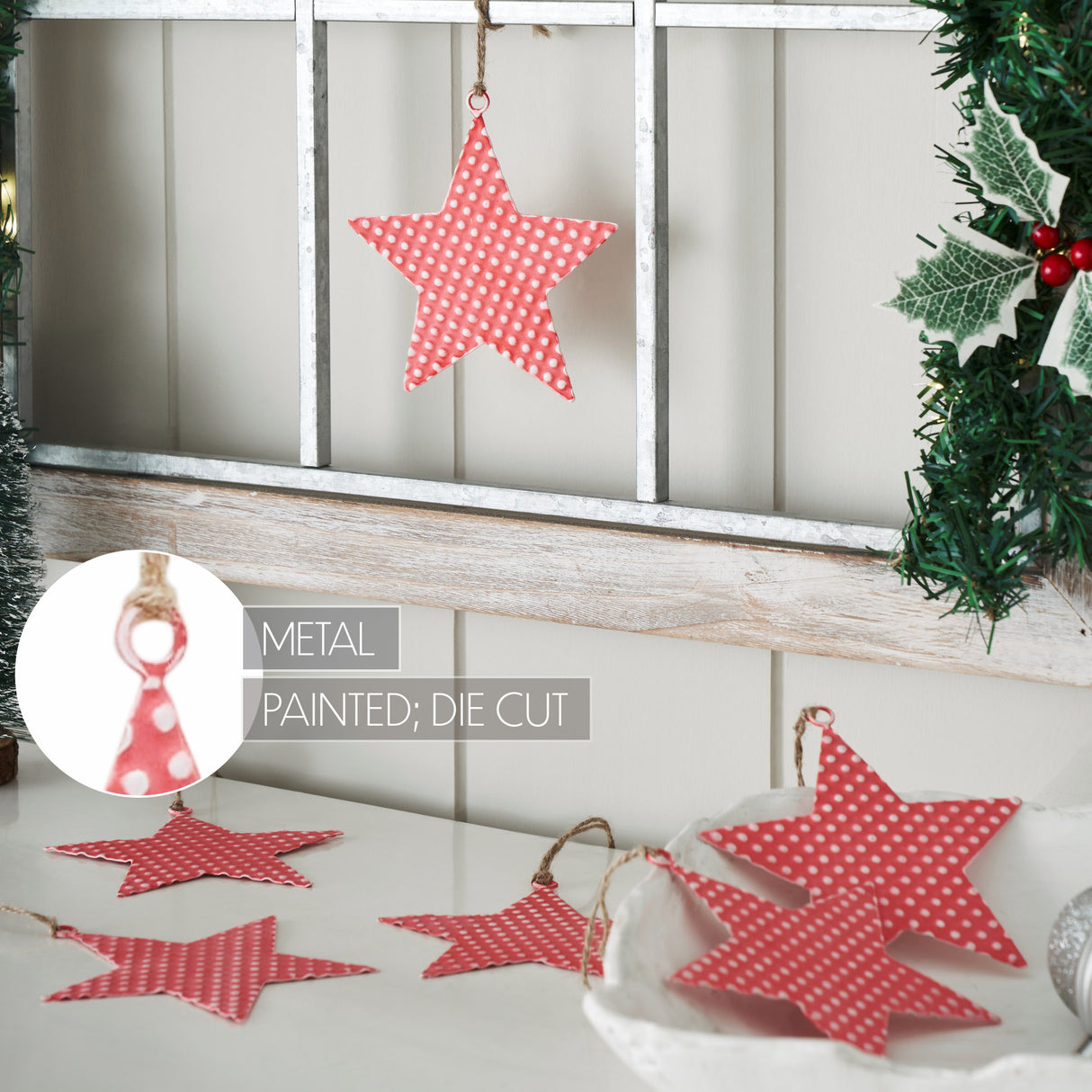 Dotted Metal Star Ornaments Red Set of 6 5.25x4.8x0.2