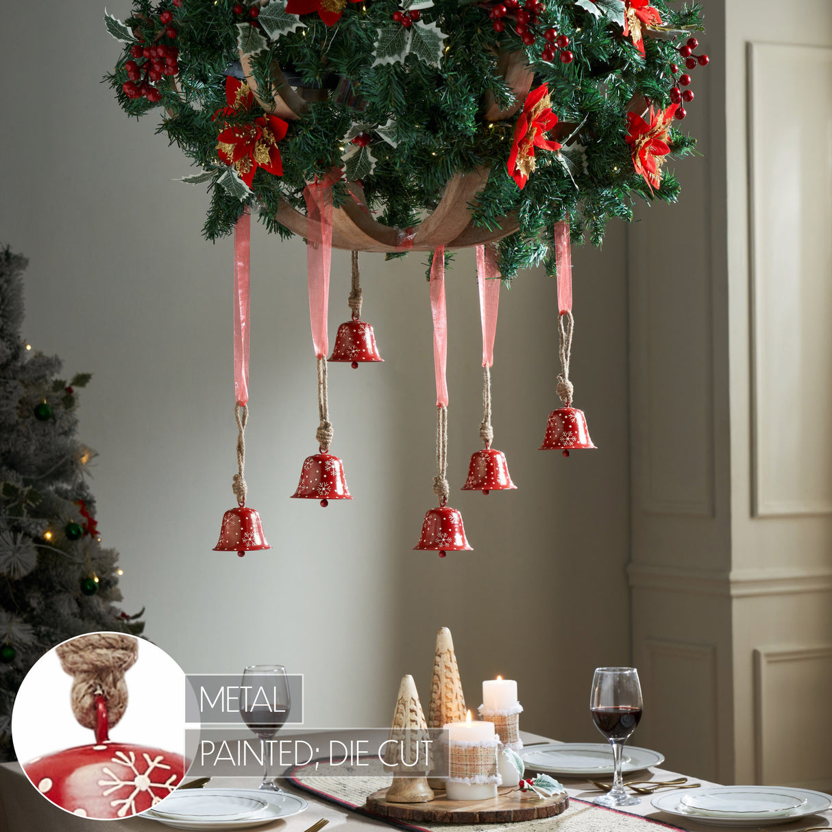 Falling Snow Red Bell Metal Ornament Set of 6 - 3.2 inch