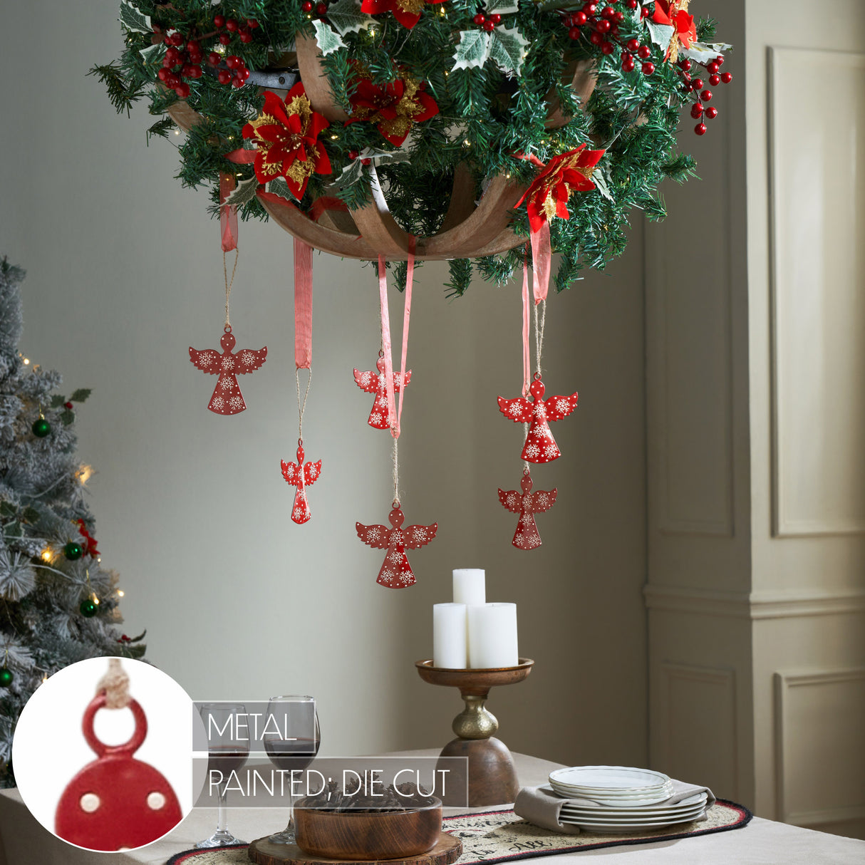 Falling Snow Red Angel Metal Ornament Set of 6 - 4.4 inch