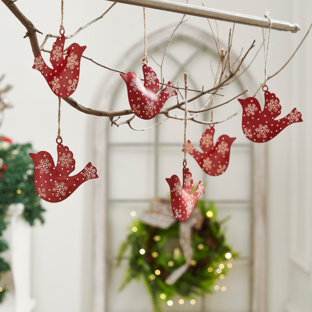 Falling Snow Red Bird Metal Ornament Set of 6 - 3.5 inch