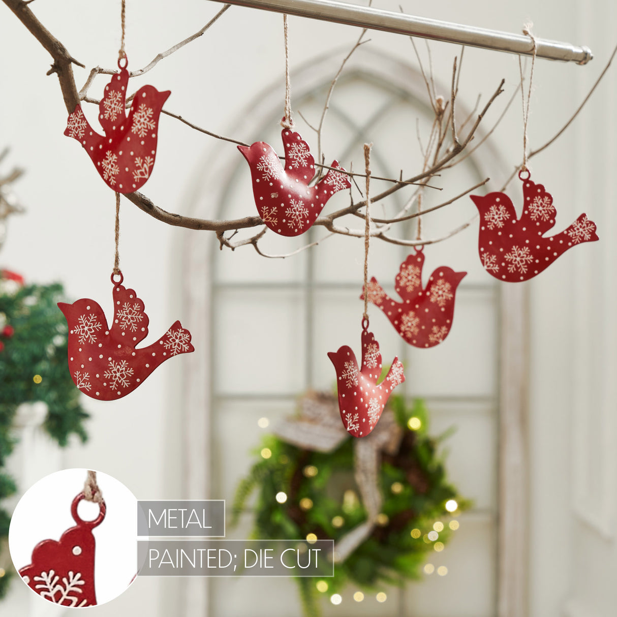 Falling Snow Red Bird Metal Ornament Set of 6 - 3.5 inch