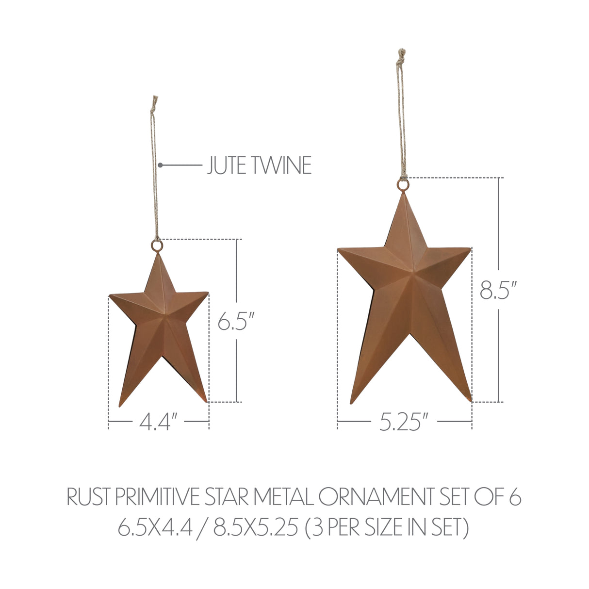 Rust Primitive Star Metal Ornament Set of 6 - 6.5/8.5 inch