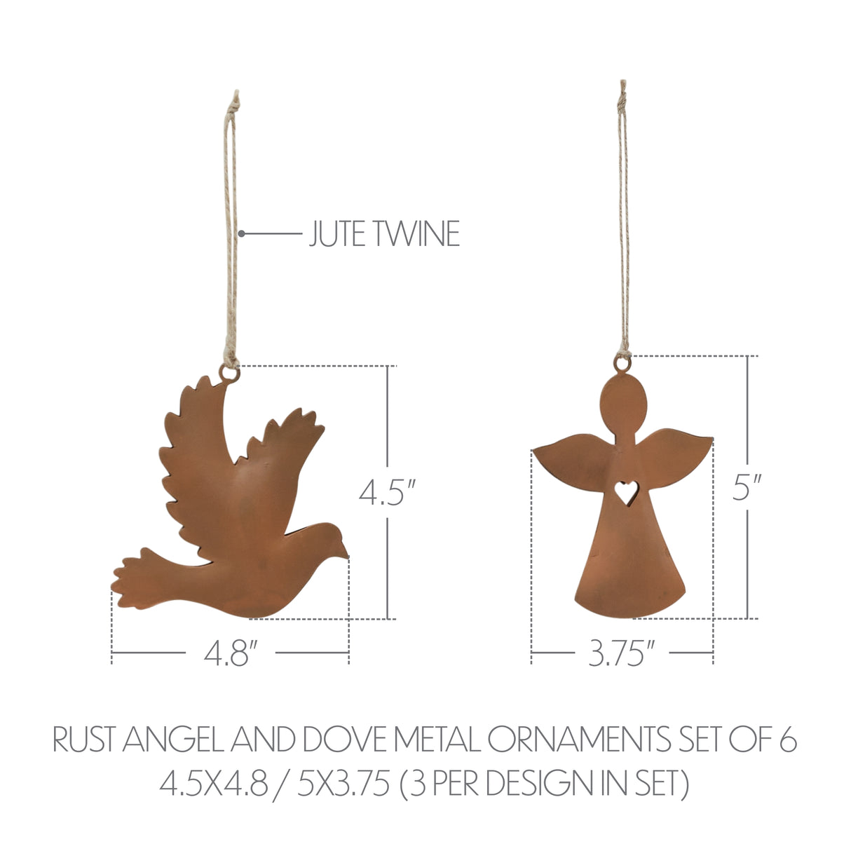 Rust Angel and Dove Metal Ornaments Set of 6 - 4.5/5 inch