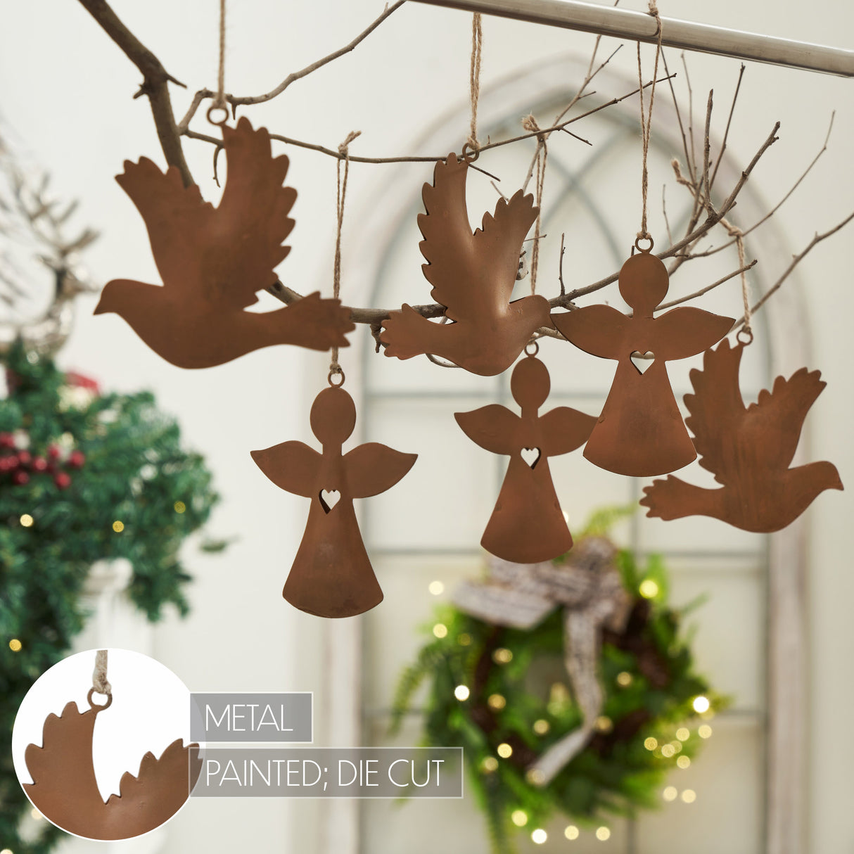 Rust Angel and Dove Metal Ornaments Set of 6 - 4.5/5 inch