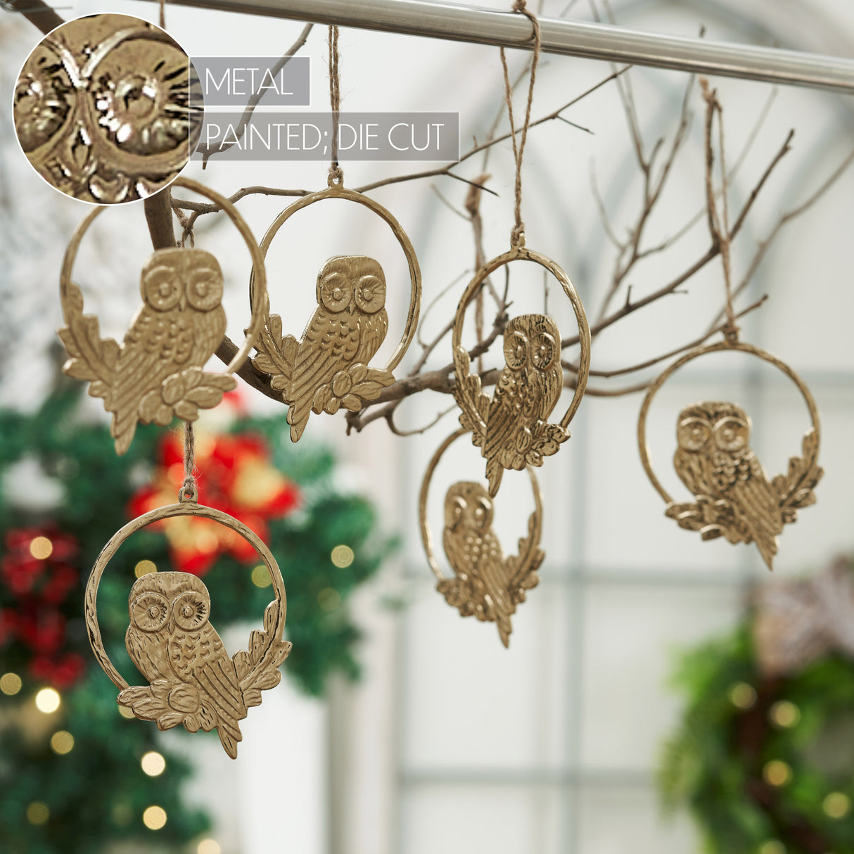 Golden Owl Metal Ornament Set of 6 - 4.5 inch