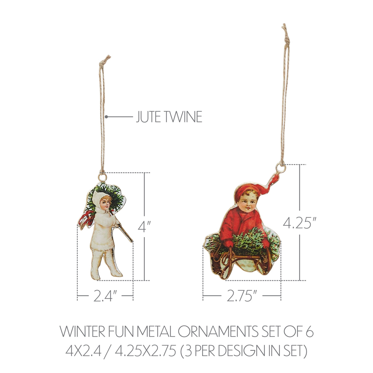 Winter Fun Metal Ornaments Set of 6 - 4/4.25 inch