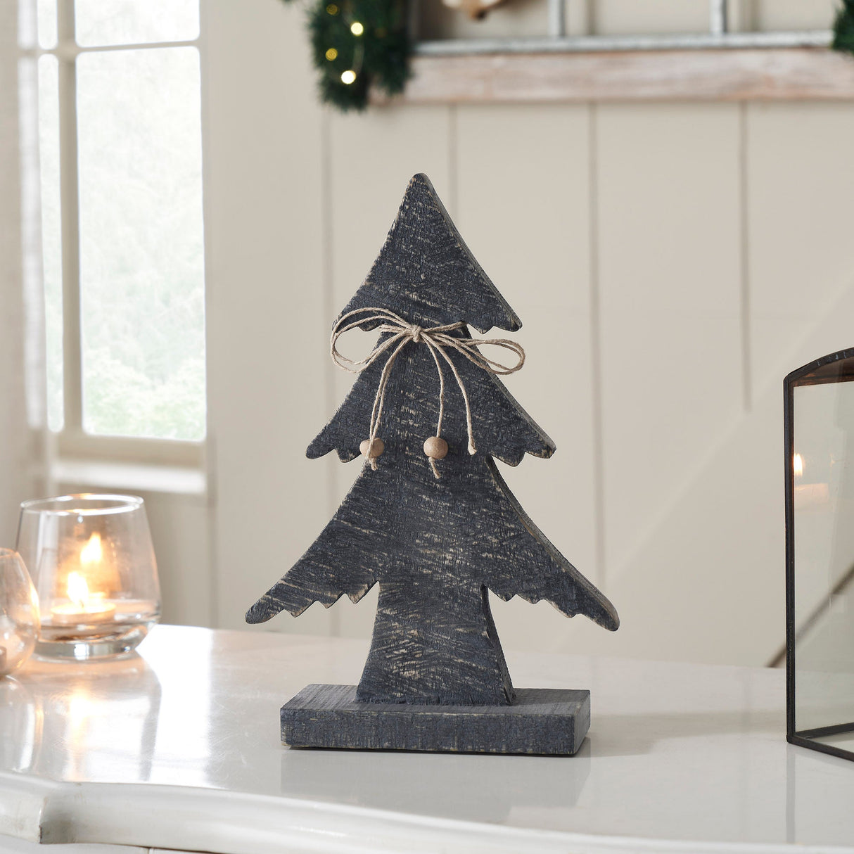 Three-Tiered Pine Distressed Dark Grey Wooden Tree