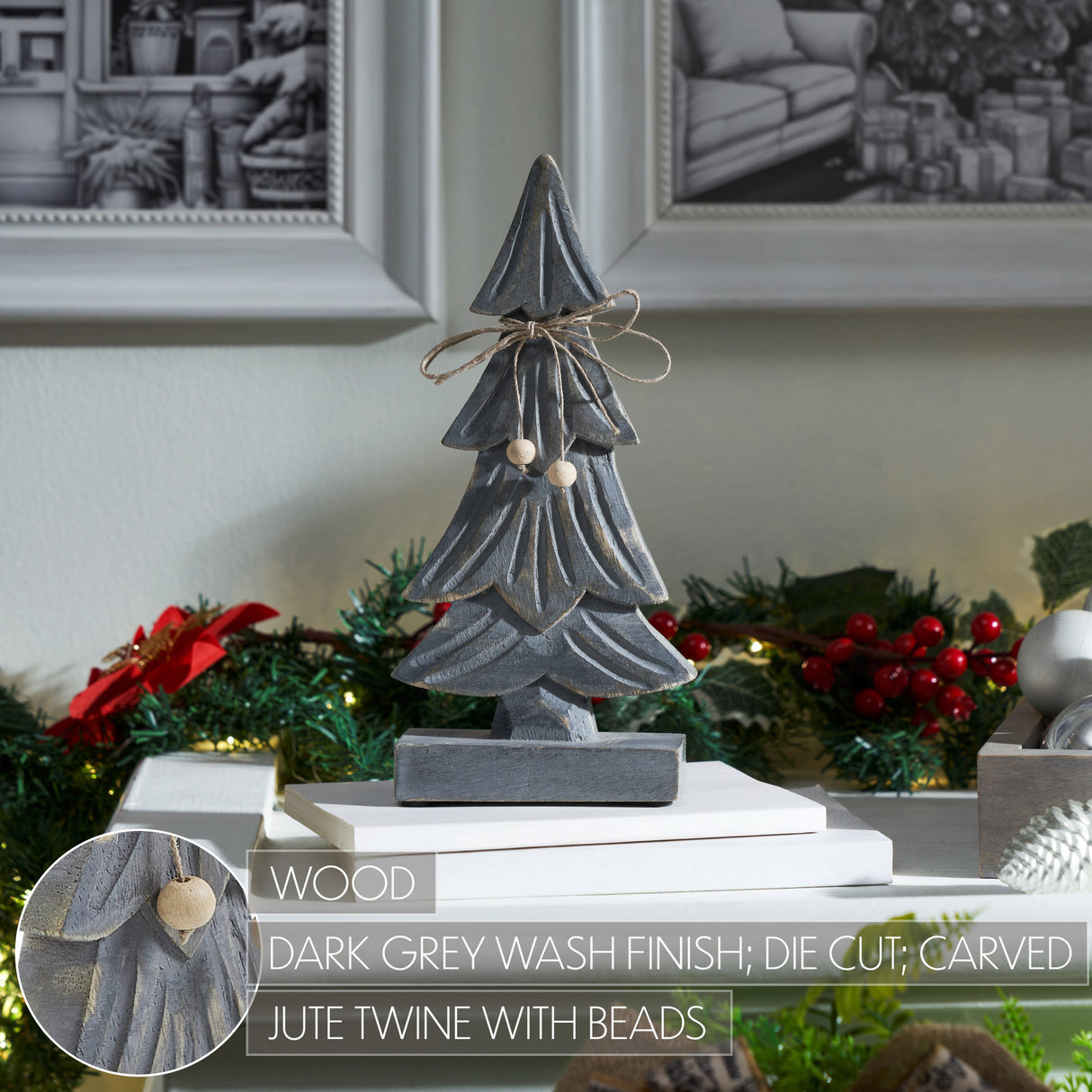 VHC Brands 2PC Four-Tiered Pine Distressed Dark Grey Wooden Tree ,Small and Large