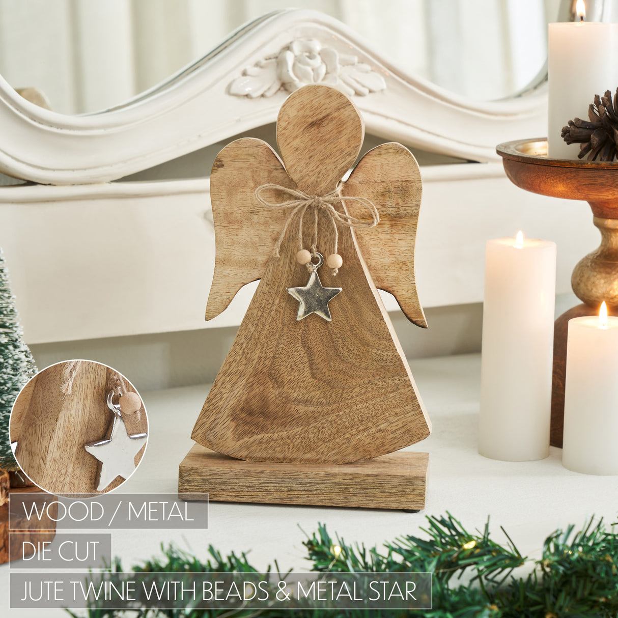 Metal Star Natural Wooden Angel 10.75x6.25x2.5