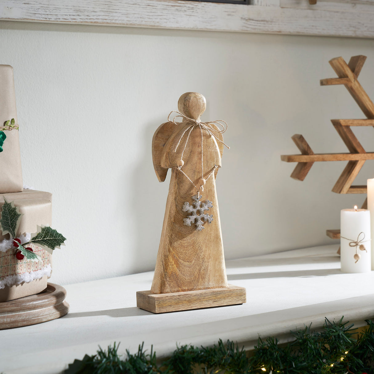 Metal Snowflake Natural Wooden Angel 12x5.75x2.5
