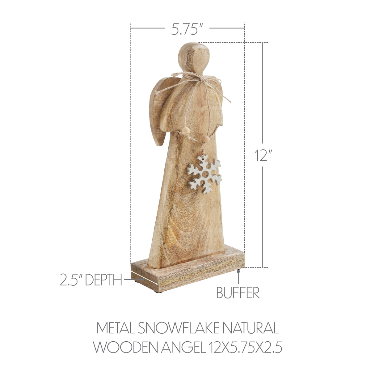 Metal Snowflake Natural Wooden Angel 12x5.75x2.5