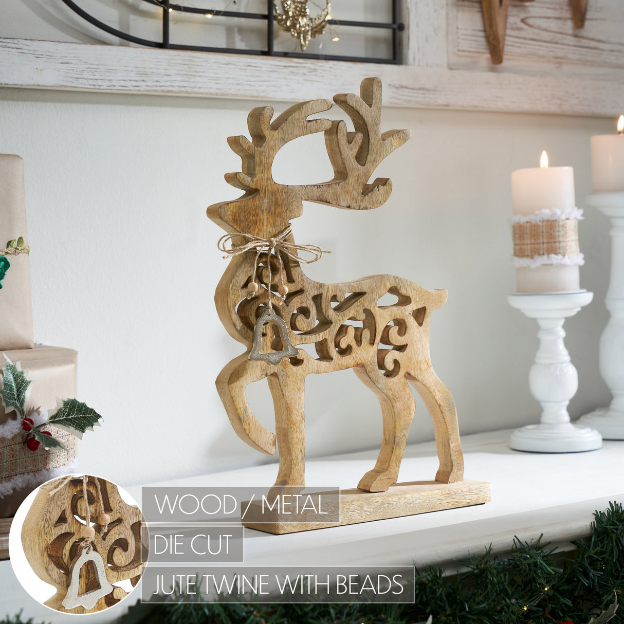 VHC Brands 2PC Ornate Prancer Wooden Reindeer ,Small and Large