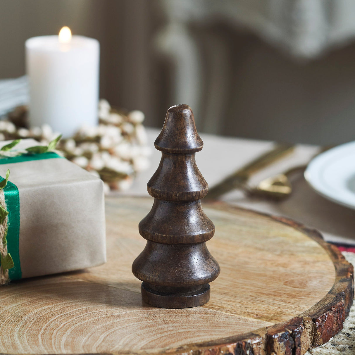 Dark Finish Four-Tiered Hand Turned Wooden Tree