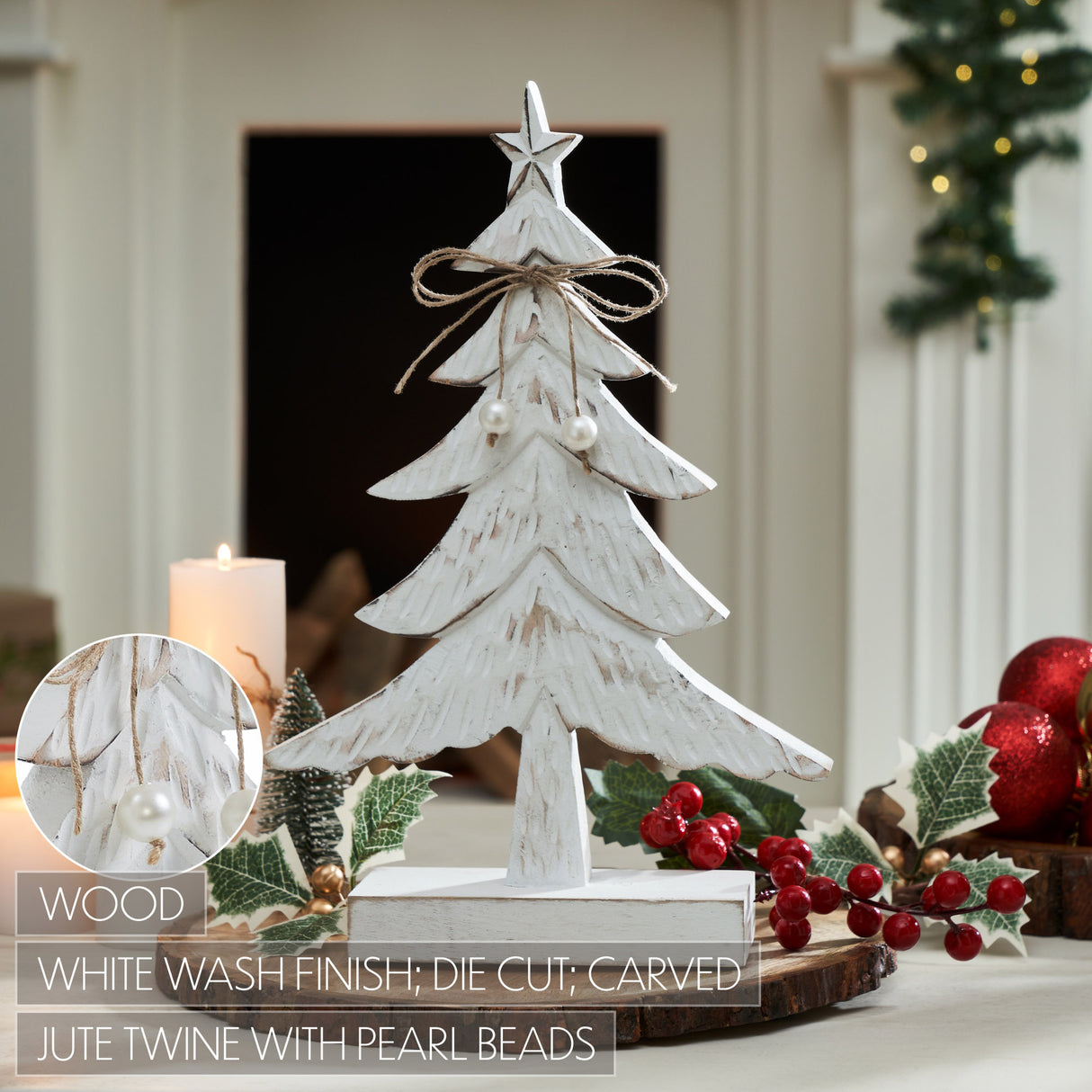 VHC Brands 2PC Festive Fir Distressed White Wooden Tree ,Small and Large