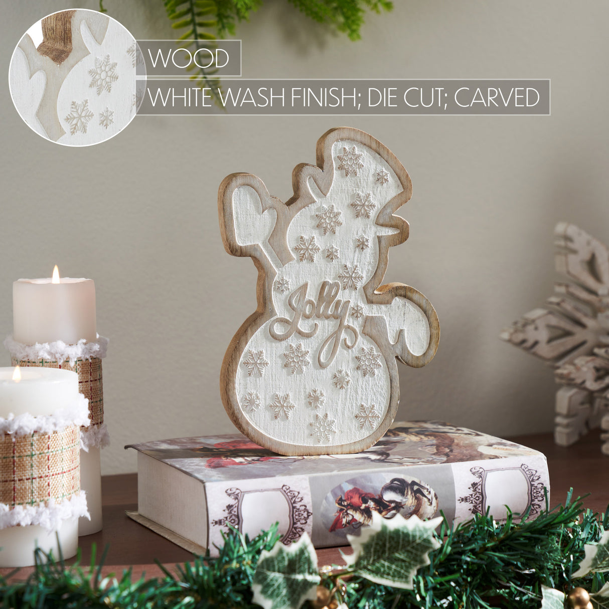 White Washed Jolly Natural Wooden Snowman 8x6x1