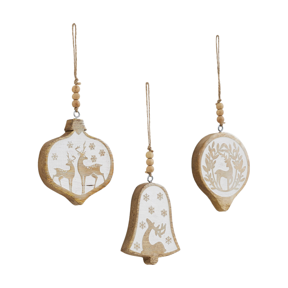 White Washed Winter Forest Natural Wooden Ornament Set of 3 - 4 inch