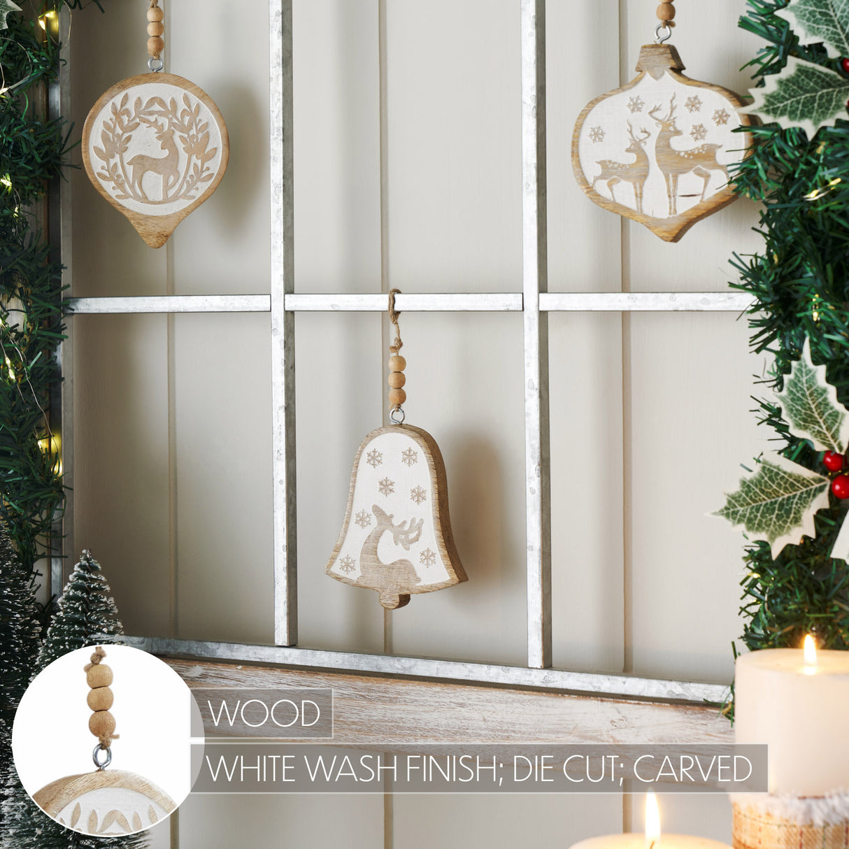 White Washed Winter Forest Natural Wooden Ornament Set of 3 - 4 inch