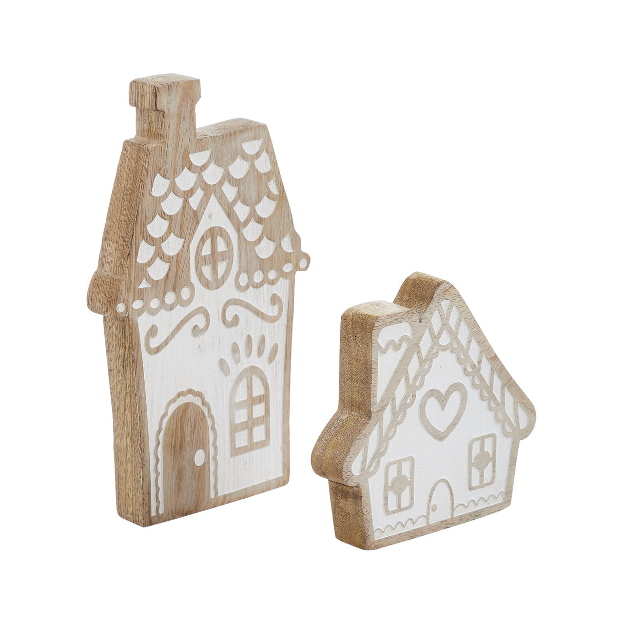 White Washed Gingerbread Drive Natural Wooden Houses Set of 2 - 5x5x1/8x5x1
