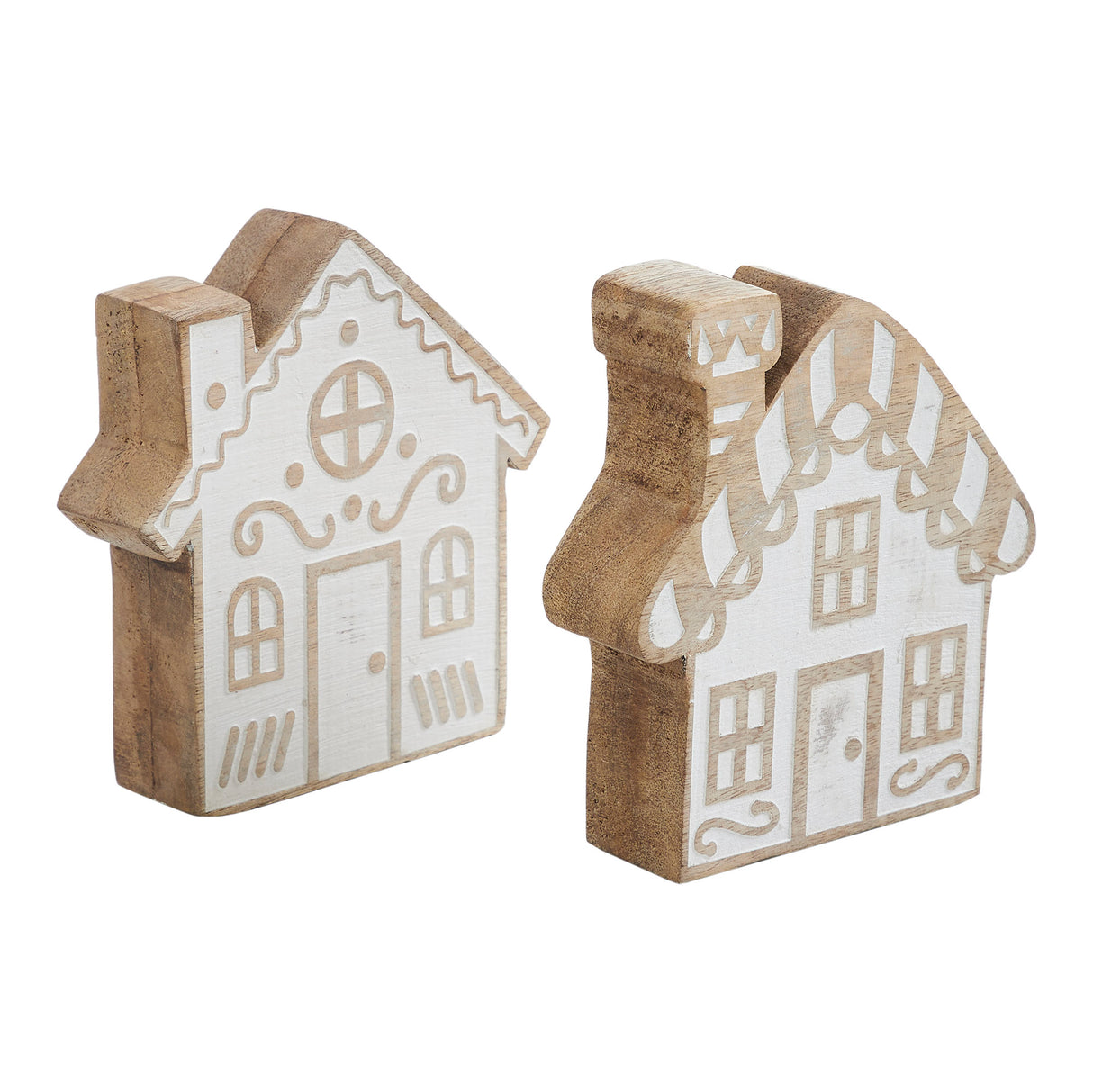 White Washed Candy Cane Lane Natural Wooden Houses Set of 2 - 5x4.5x1.25/5x4.75x1.5