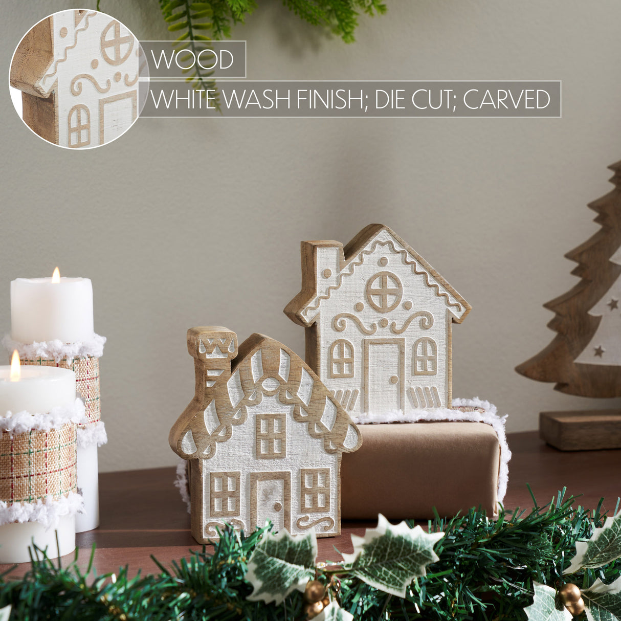 White Washed Candy Cane Lane Natural Wooden Houses Set of 2 - 5x4.5x1.25/5x4.75x1.5