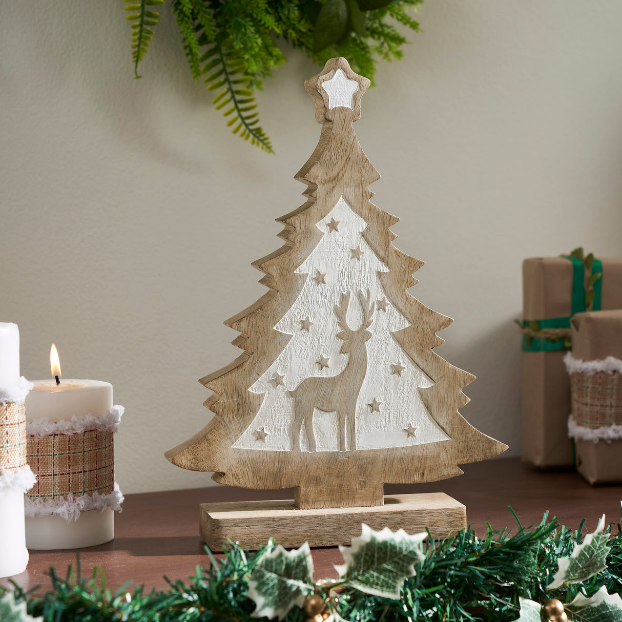 White Washed Winter Frolic Natural Wooden Tree 12x9x2.5