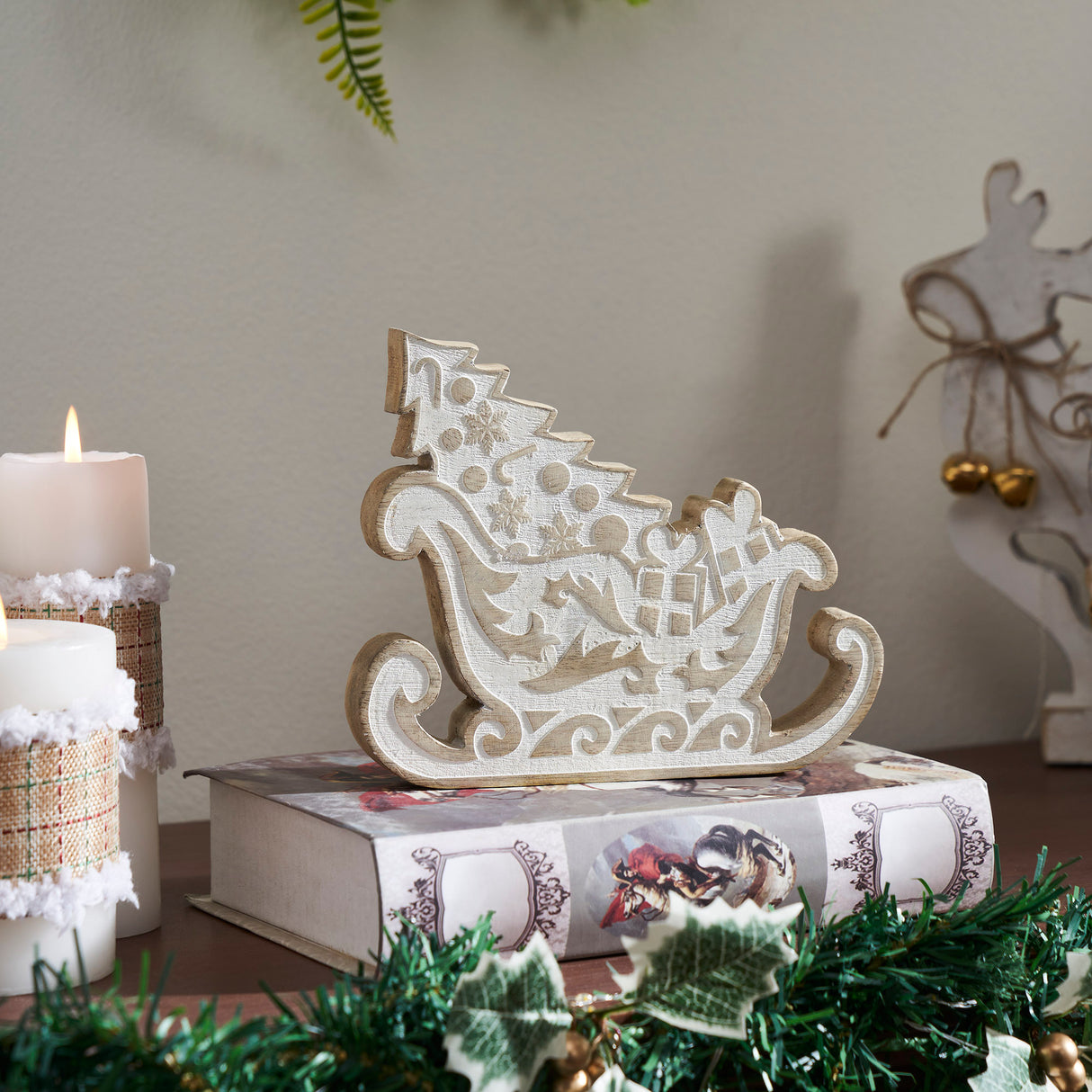 White Washed Santa on Duty Natural Wooden Sleigh 7x6x1