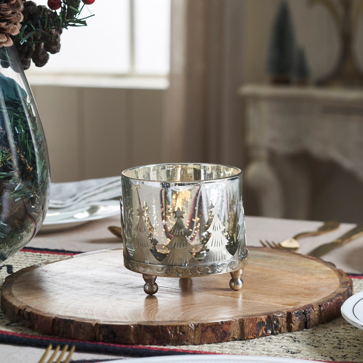 Silver Christmas Mercury Glass Candle Holder 4x4x4