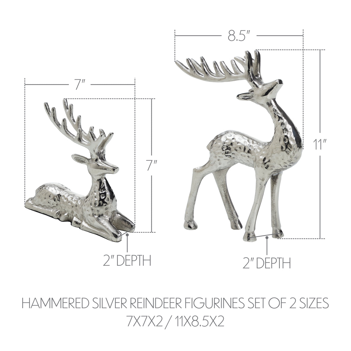 Hammered Silver Reindeer Figurines Set of 2 - 7x7x2/11x8.5x2