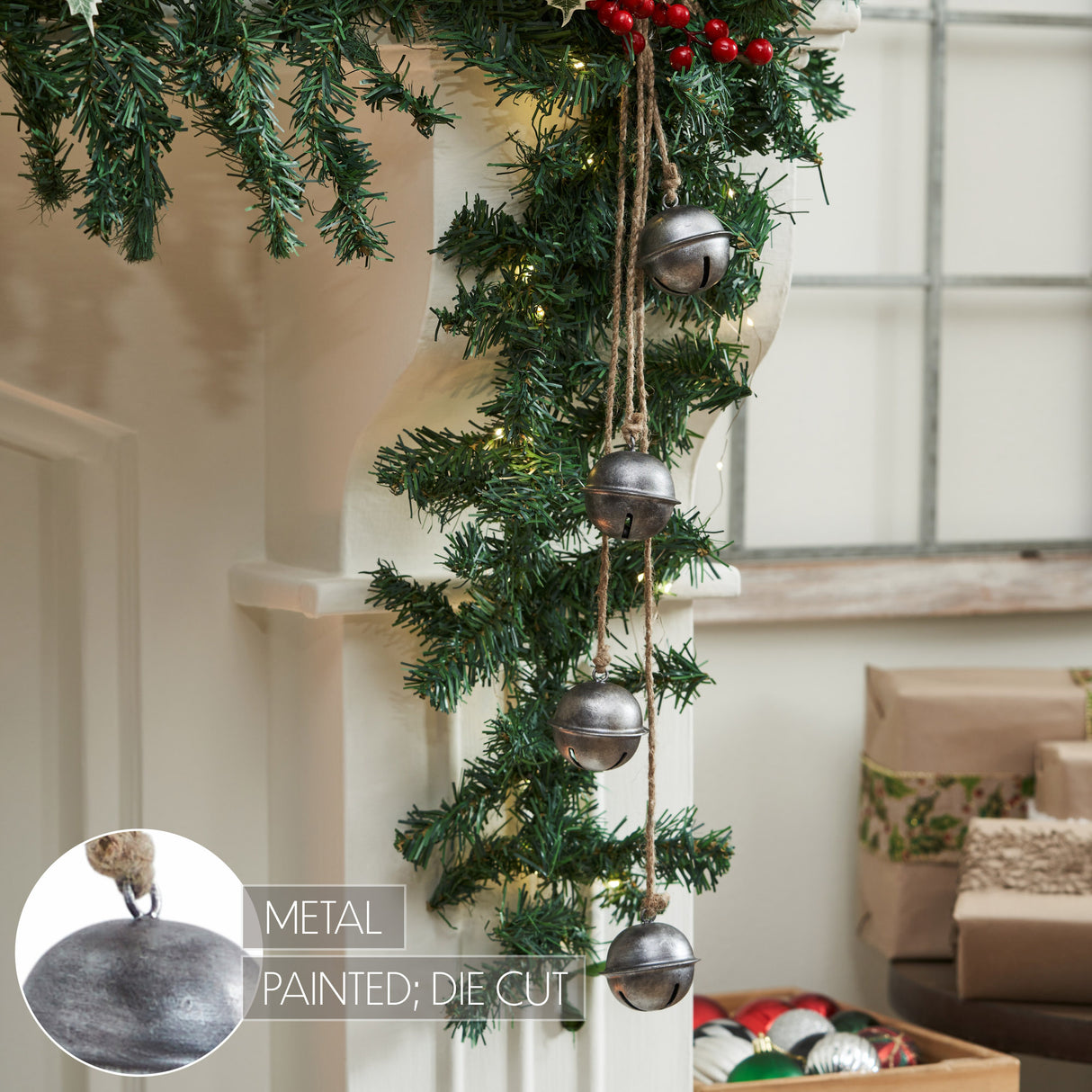 Tarnished Metal Decorative Bells on Jute Hanging Rope 23.5x2.5x2.5