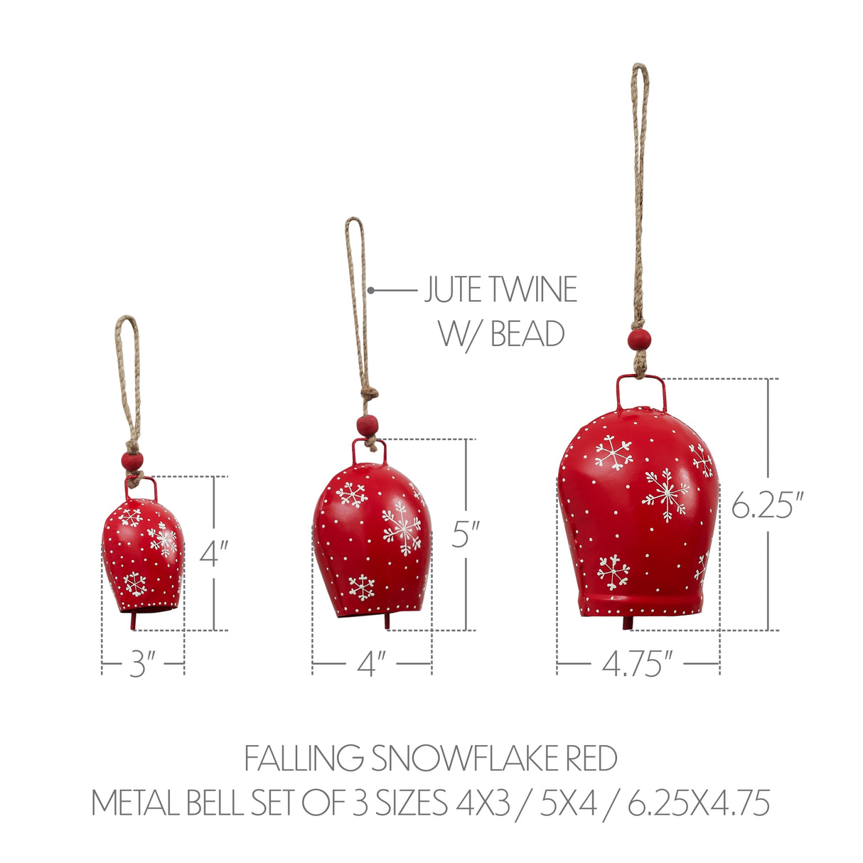 Falling Snowflake Red Metal Bell Set of 3 - 4/5/6.25 inch
