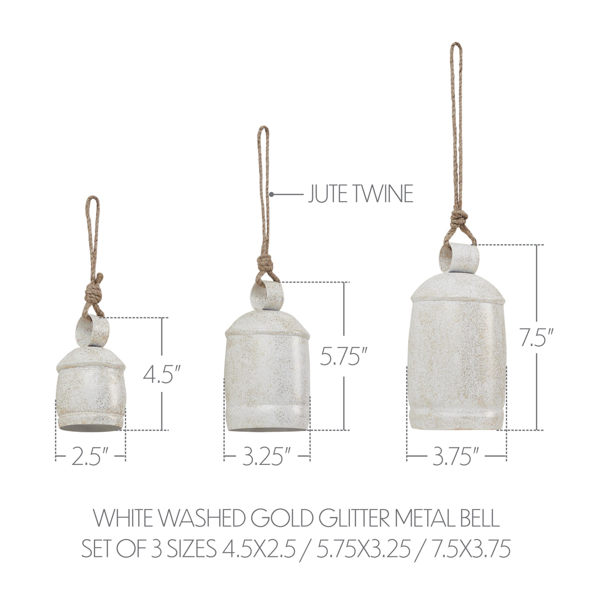 White Washed Gold Glitter Metal Bell Set of 3 - 4.5/5.75/7.5 inch