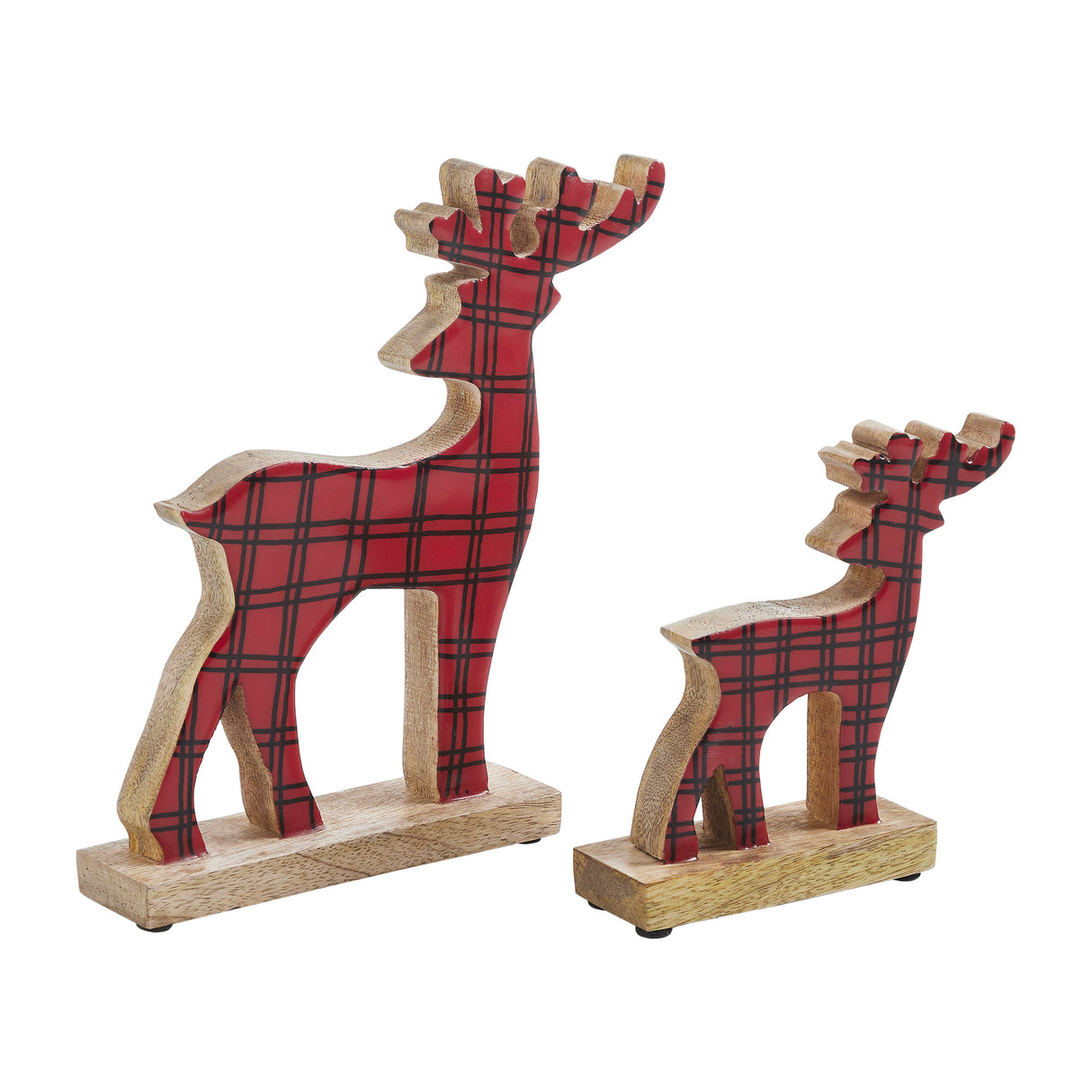 Red Plaid Wooden Reindeer Set of 2 - 6x6x2/9.5x9x2