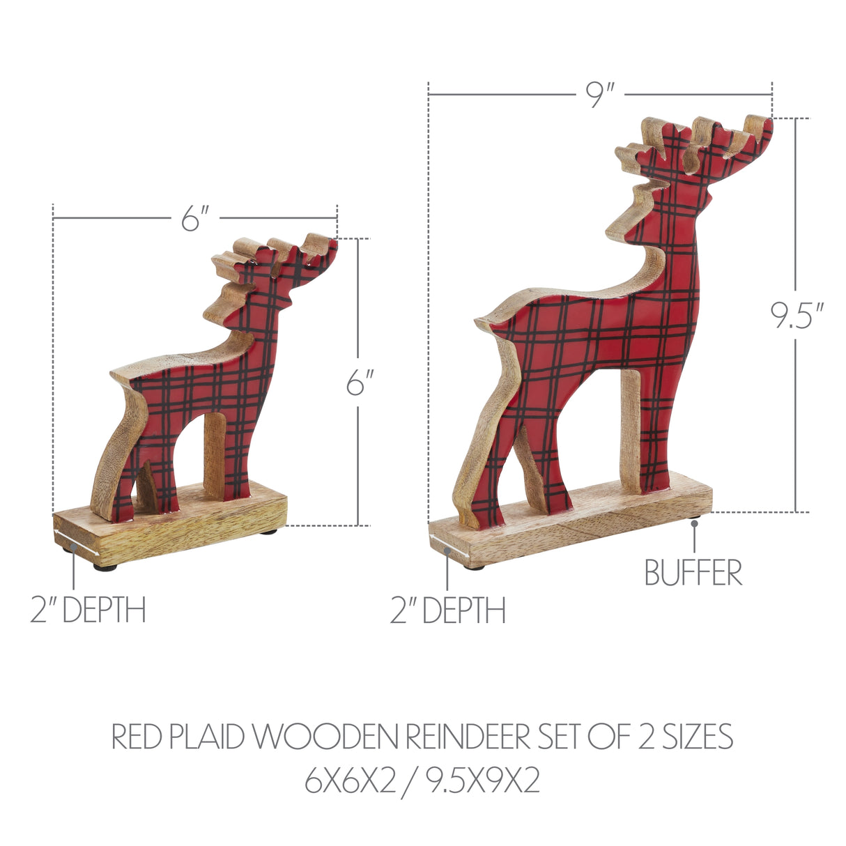 Red Plaid Wooden Reindeer Set of 2 - 6x6x2/9.5x9x2