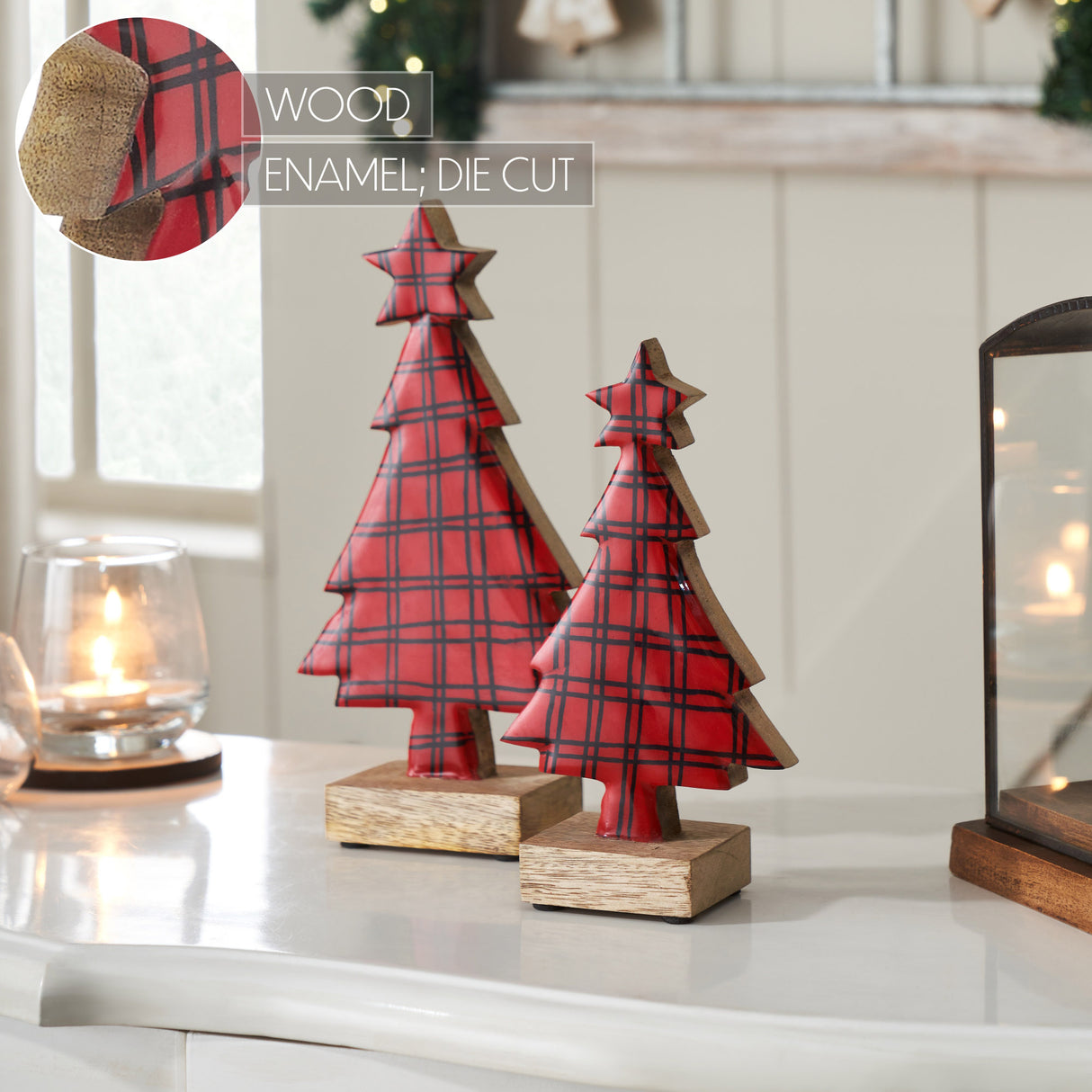 Red Plaid Natural Wooden Tree Set of 2 - 8x4.5x2.25/9.75x5.5x2.25